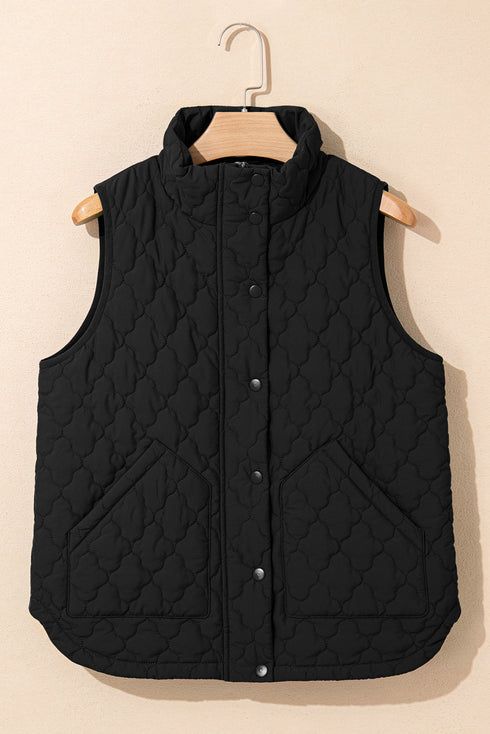 Stand Collar Flower Quilted Snap Button Zip Vests